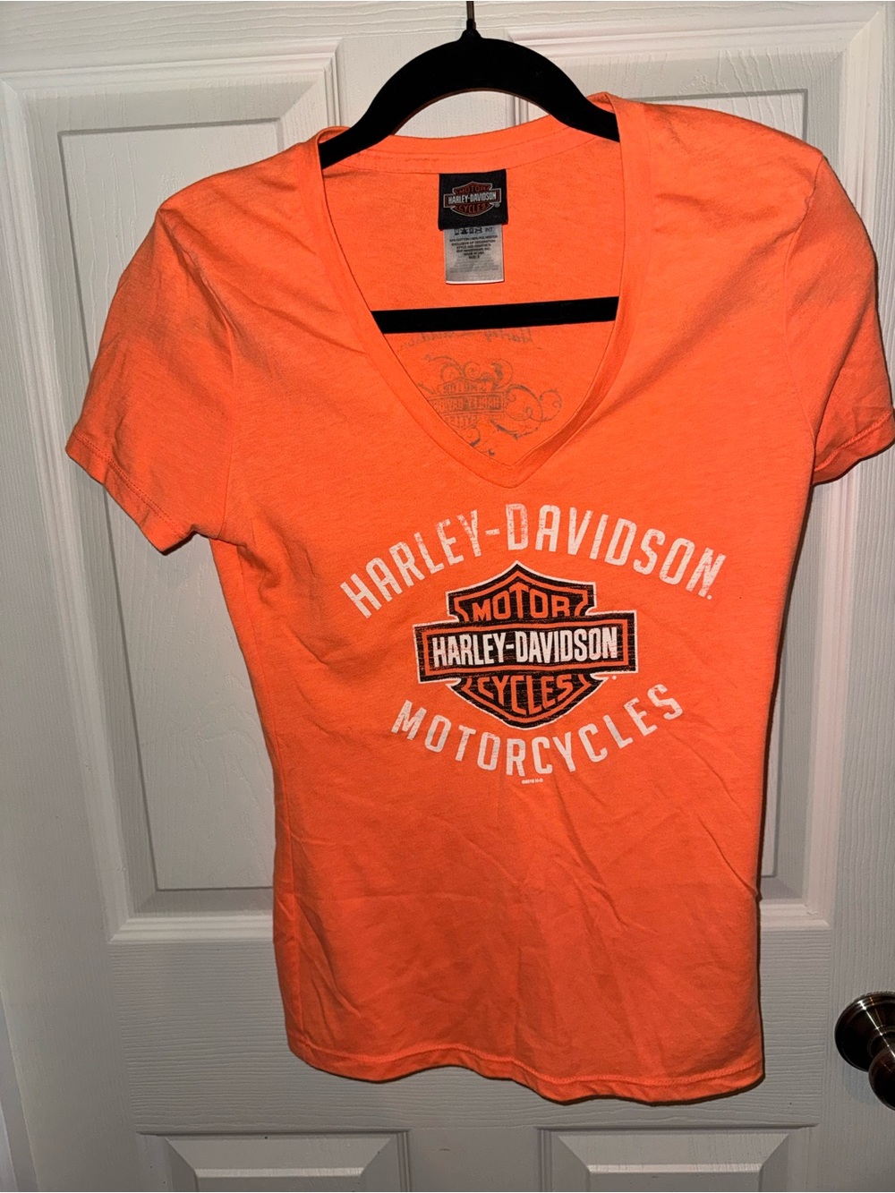 Harley-Davidson Women's V-Neck Tee in Neon Orange with Logo